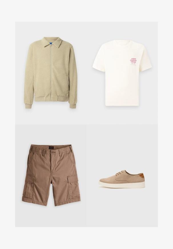 Beige fleecejakku, jossa on vetoketju edessä, pystykaulus, kaksi sivutaskua, resorit hihansuissa ja helmassa. Materiaali näyttää pehmeältä ja mukavalta.; Valkoinen lyhythihainen t-paita, jossa on punainen teksti "Studio Originals Edition" vasemmalla rinnalla, esitetty neutraalilla harmaalla taustalla.; Ruskeat cargo-shortsit, jotka on valmistettu puuvillasta. Ne sisältävät useita sivutaskuja, napin kiinnityksen ja litteän etuosan muotoilun. Suunnittelussa on sileä pinta ja rento tyyli.; Beige nubuck-lenkkarit, joissa on pyöreä kärki, nauhakiinnitys ja teksturoitu takaosa. Valkoinen kumipohja tuo kontrastia. Yksinkertainen ja moderni muotoilu.
