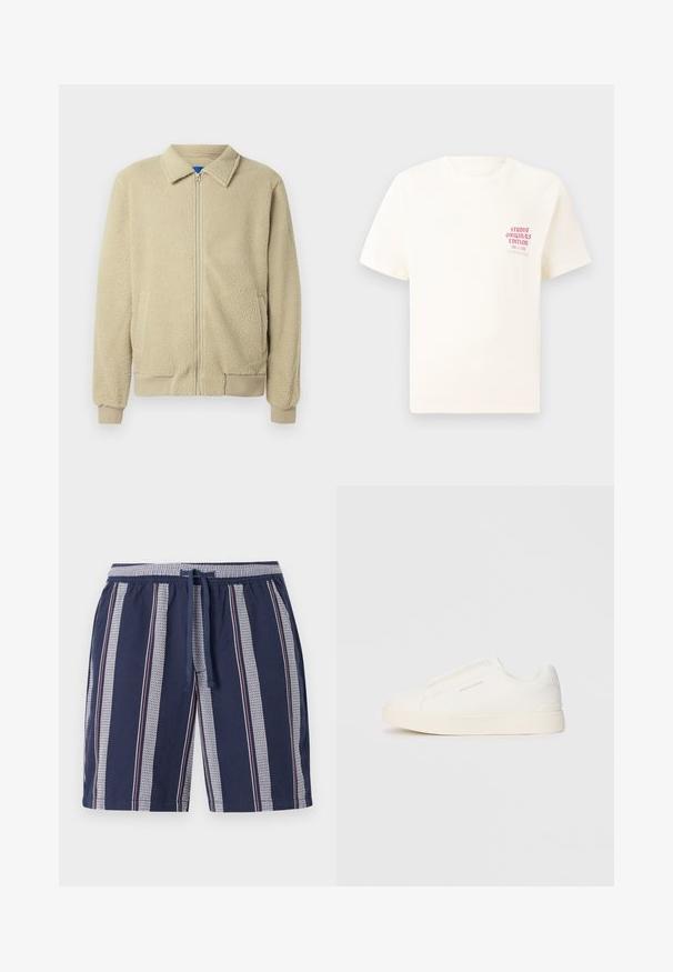 Beige fleecejack met een ritssluiting aan de voorkant, opstaande kraag, twee zijzakken, geribbelde manchetten en zoom. De textuur oogt zacht en gezellig.; Witte T-shirt met korte mouwen met rode tekst "Studio Originals Edition" op de linker borst, weergegeven op een neutrale grijze achtergrond.; Navyblauwe zwembroek met een verticaal gestreept patroon in wit en rood, elastische tailleband en koord, gemaakt van lichte stof.; Witte instap sneakers met een gestructureerd oppervlak, een dikke zool en een minimalistisch ontwerp. Bevat het merklogo aan de zijkant.