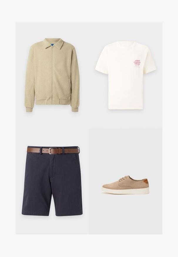 Beige fleece jacket with a zip front, stand collar, two side pockets, ribbed cuffs, and hem. The texture appears soft and cozy.; White short-sleeve T-shirt with red text "Studio Originals Edition" on left chest, displayed on a neutral gray background.; Navy blue shorts made of cotton with a brown leather belt. Features two front pockets, a straight cut, and a smooth texture.; Beige suede sneakers with a rounded toe, lace-up front, and a textured back accent. White rubber sole provides contrast. Simple and modern design.