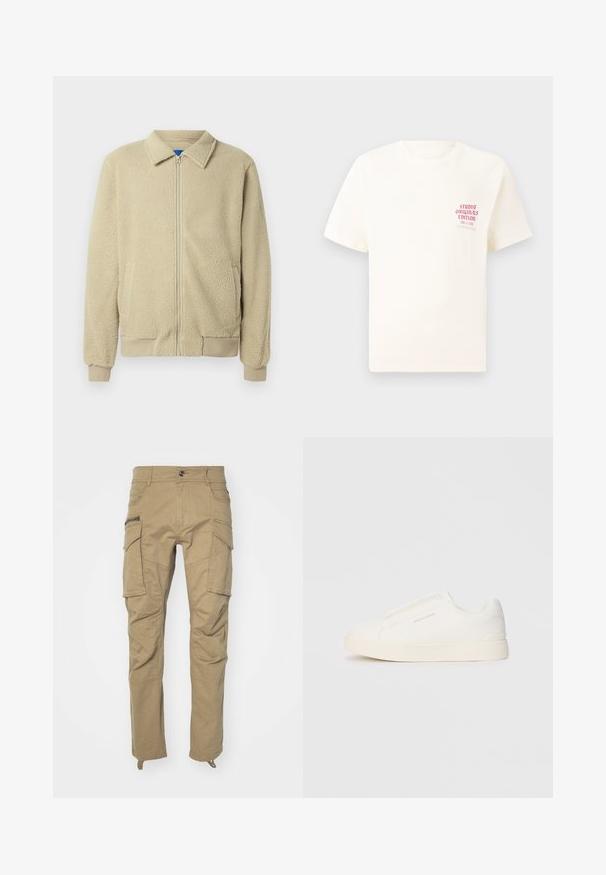 Beige fleecejakke med glidelås foran, ståkrage, to sidelommer, ribbekanter på ermer og nederst. Teksturen virker myk og koselig.; Hvit T-skjorte med korte ermer og rød tekst "Studio Originals Edition" på venstre bryst, vist på en nøytral grå bakgrunn.; Khaki cargo bukser med flere sidelommer, knapliv, tapered ben og blødt, slidstærkt stof. Forstærket syning hele vejen igennem.; Hvite slip-on joggesko med teksturert overflate, tykk såle og minimalistisk design. Har merkevarelogo på siden.