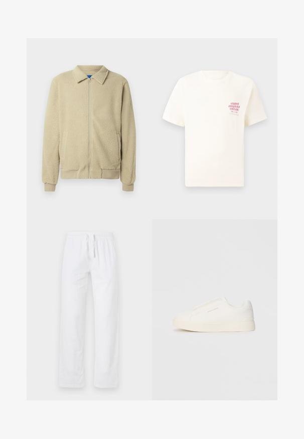 Beige fleecejack met een ritssluiting aan de voorkant, opstaande kraag, twee zijzakken, geribbelde manchetten en zoom. De textuur oogt zacht en gezellig.; Witte T-shirt met korte mouwen met rode tekst "Studio Originals Edition" op de linker borst, weergegeven op een neutrale grijze achtergrond.; Witte, lichte katoenbroek met een elastische tailleband en trekband; heeft wijde pijpen en een glad, niet-geweven oppervlak.; Witte instap sneakers met een gestructureerd oppervlak, een dikke zool en een minimalistisch ontwerp. Bevat het merklogo aan de zijkant.