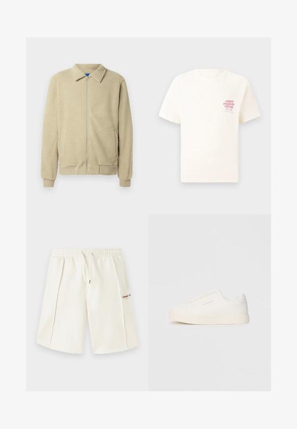 Veste en polaire beige avec fermeture éclair frontale, col montant, deux poches latérales, poignets et ourlet côtelés. La texture semble douce et confortable.; T-shirt blanc à manches courtes avec le texte rouge "Édition Originals du Studio" sur la poitrine gauche, présenté sur un fond gris neutre.; Shorts de couleur crème en tissu doux, dotés d'une taille élastique, d'un cordon de serrage, de poches latérales et d'un petit logo rouge sur le côté.; Baskets blanches sans lacets avec une surface texturée, une semelle épaisse et un design minimaliste. Présente le logo de la marque sur le côté.