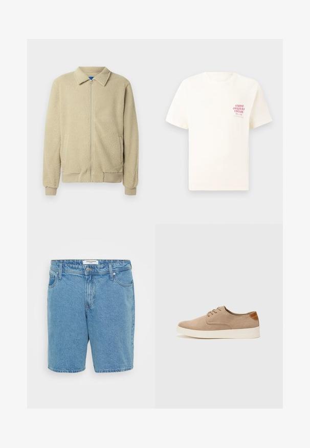 Béžová flísová bunda so zipsom vpredu, stojačikom, dvoma bočnými vreckami, rebrovanými manžetami a lemom. Textúra je mäkká a príjemná na dotyk.; Biele tričko s krátkym rukávom s červeným textom "Studio Originals Edition" na ľavej hrudi, zobrazené na neutrálnom šedom pozadí.; Svetlomodré džínsy s klasickým strihom. Majú päť vreciek, zapínanie na gombík a jemne vyblednutú textúru. Vyrobené z bavlny.; Béžové semišové tenisky s okrúhlou špičkou, šnurovaním vpredu a textúrovaným zadným akcentom. Biela gumová podrážka poskytuje kontrast. Jednoduchý a moderný dizajn.