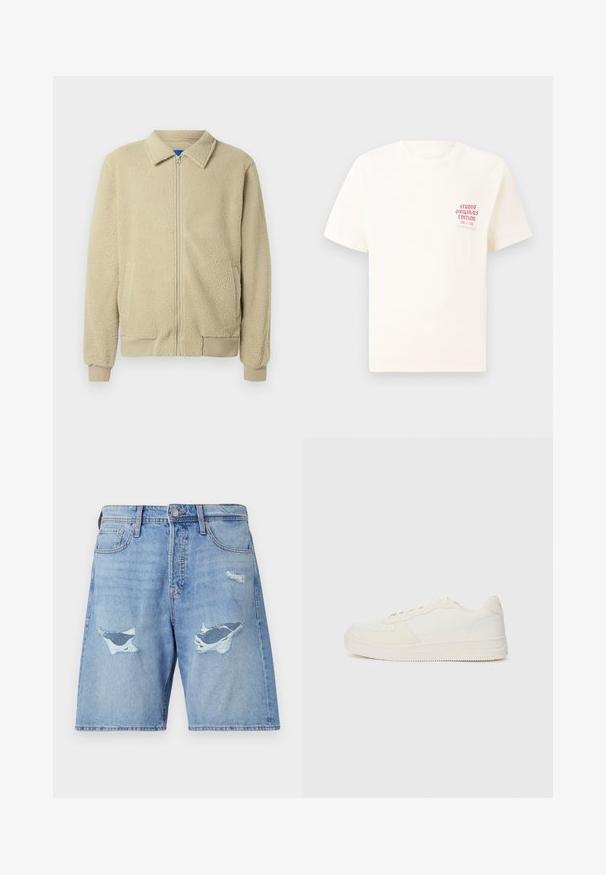 Bež flis jakna z zadrgo spredaj, stoječim ovratnikom, dvema stranskima žepoma, rebrastimi manšetami in robom. Tekstura je videti mehka in udobna.; Bela majica s kratkimi rokavi z rdečim napisom "Studio Originals Edition" na levi strani prsnega koša, prikazana na nevtralnem sivo backgroundu.; Svetlo modri kavbojki kratki hlače z ohlapnim krojem, ki imajo dve večji poškodovani območji in subtilno brizganje na tkanini.; Bela teniska z gladkim usnjenim zgornjim delom in aksesorji iz semšine. Ima perforiran prst, ravne vezalke in gumijast podplat z strukturiranimi detajli.