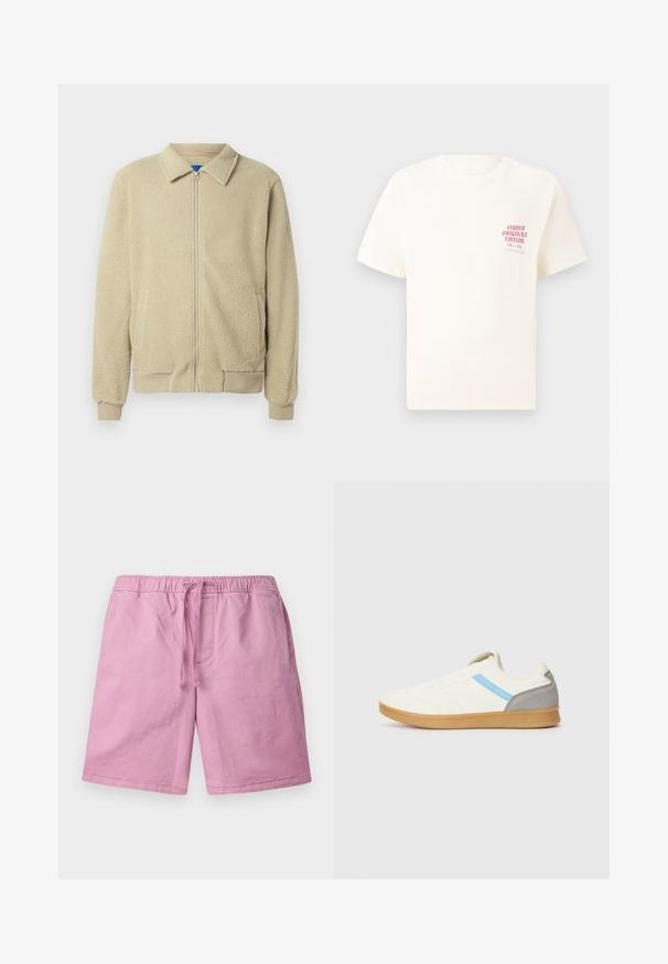 Béžová fleecová bunda se zipem vpředu, stojáčkovým límcem, dvěma bočními kapsami, žebrovanými lemy na rukávech a spodním okraji. Textura působí měkce a příjemně.; Bílý krátký rukávový tričko s červeným textem "Studio Originals Edition" na levé hrudi, vystavené na neutrálním šedém pozadí.; Světle růžové šortky vyrobené z měkkého materiálu, s elastickým pasem na šňůrku a bočními kapsami. Rovné nohavice, bez vzorů.; Tenisky s krémovým svrškem, modrým bočním pruhem a šedým akcentem na patě. Mají texturovaný design a gumovou podešev.