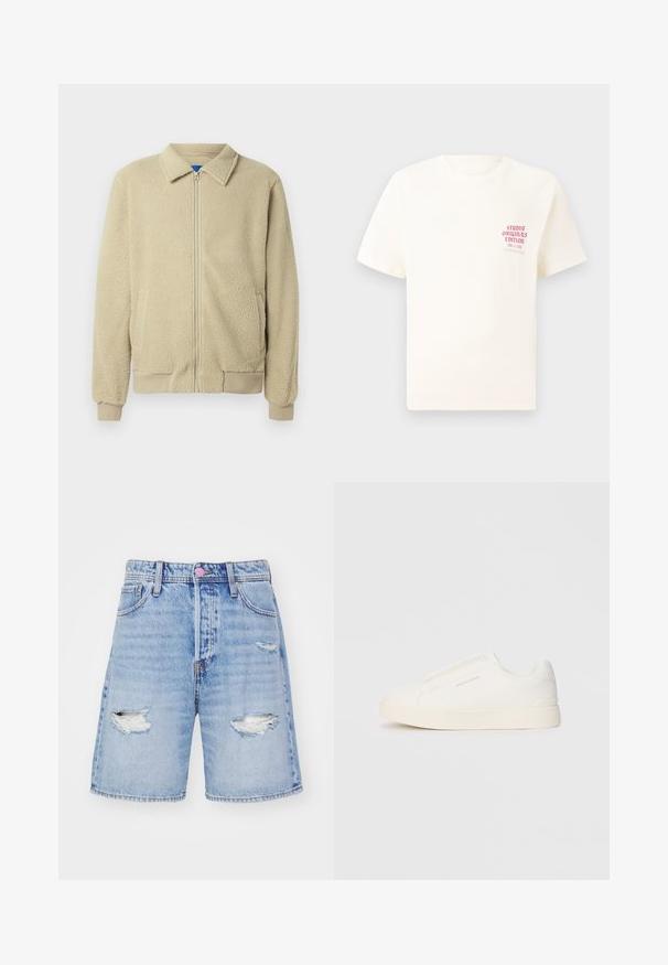 Bež flis jakna z zadrgo spredaj, stoječim ovratnikom, dvema stranskima žepoma, rebrastimi manšetami in robom. Tekstura je videti mehka in udobna.; Bela majica s kratkimi rokavi z rdečim napisom "Studio Originals Edition" na levi strani prsnega koša, prikazana na nevtralnem sivo backgroundu.; Svetlo modri traper kratke hlače z uničenimi detajli, ki vključujejo raztrgane odprtine in ravno krojeno obliko. Vsebujejo pet žepov in gumbasto zapiranje.; Bele zapete brez vezalk z teksturirano površino, debelim podplatom in minimalističnim dizajnom. Na strani se nahaja logotip blagovne znamke.