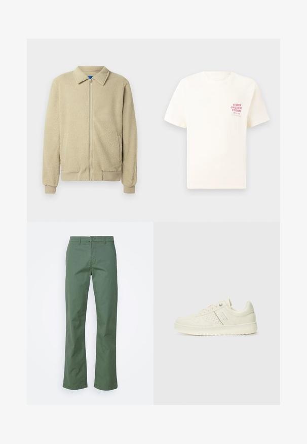 Giacca in pile beige con zip frontale, collo alto, due tasche laterali, polsini e orlo a costine. La texture appare morbida e accogliente.; T-shirt bianco a maniche corte con testo rosso "Studio Originals Edition" sul lato sinistro del petto, esposto su uno sfondo grigio neutro.; Pantaloni in cotone verdi con un design a gamba dritta, caratterizzati da una chiusura anteriore con bottone e tasche laterali. Tessuto liscio e senza fantasie.; Sneaker color crema con dettagli perforati, lacci e logo sul lato, esposta su uno sfondo bianco semplice.