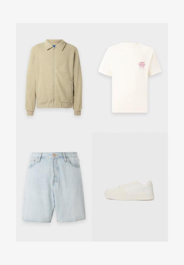 Smėlio spalvos flisinė striukė su priekiu užtrauktuku, stovinčiu apykakle, dviem šoninėmis kišenėmis, ribinėmis rankogaliais ir apatine briauna. Tekstūra atrodo minkšta ir jauki.; Balta trumpa rankovėmis marškinėliai su raudonu užrašu "Studio Originals Edition" kairiajame krūtinės šone, rodomi neutralioje pilkoje aplinkoje.; Šviesiai mėlyni džinsiniai šortai su aukštu liemeniu, penkių kišenių dizainu ir kontrastinga siuvimo linija. Sustiprinti klasikiniais sagčių ir užtrauktuko uždarymais.; Balti sportbačiai su lygiąja odos viršutine dalimi ir zomšo akcentais. Juose yra perforuota nosis, plokščios raišteliai ir guminė padai su tekstūruotu elementu.