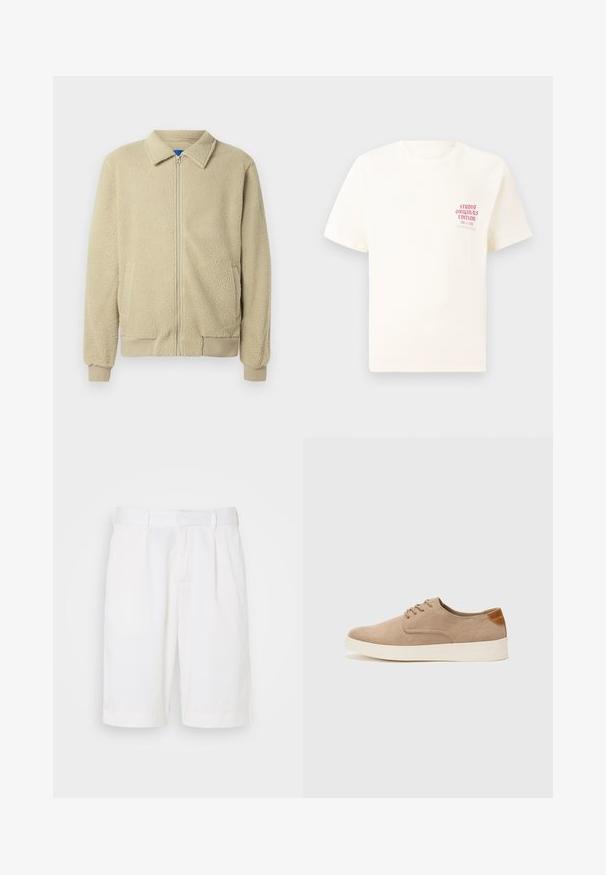 Bež flis jakna z zadrgo spredaj, stoječim ovratnikom, dvema stranskima žepoma, rebrastimi manšetami in robom. Tekstura je videti mehka in udobna.; Bela majica s kratkimi rokavi z rdečim napisom "Studio Originals Edition" na levi strani prsnega koša, prikazana na nevtralnem sivo backgroundu.; Beli bombažni šorti z ravnim krojem, sprednjimi naborki in standardnim pasom. Tkanina ima gladko teksturo in čist oblikovanje.; Bež tkanine usnjene superge z zaobljenim nosom, vezalkami na sprednji strani in teksturiranim zadnjim detajlom. Belo gumijasto podplato zagotavlja kontrast. Enostaven in sodoben dizajn.