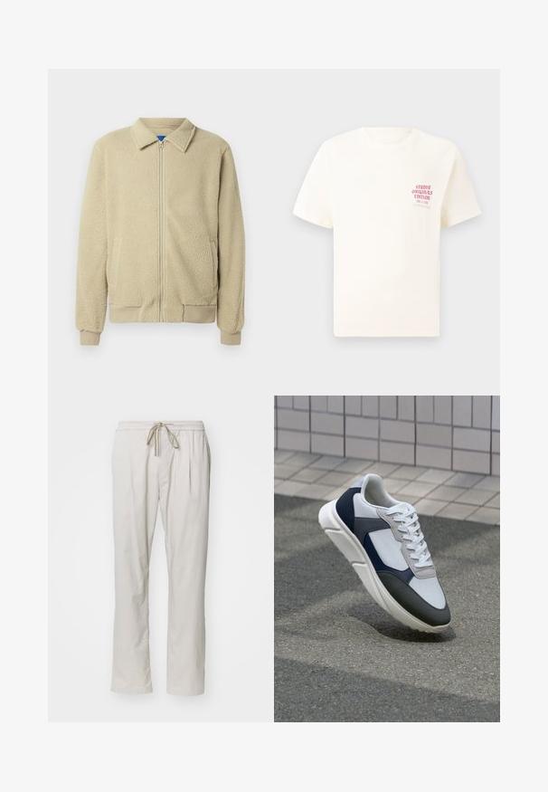 Smėlio spalvos flisinė striukė su priekiu užtrauktuku, stovinčiu apykakle, dviem šoninėmis kišenėmis, ribinėmis rankogaliais ir apatine briauna. Tekstūra atrodo minkšta ir jauki.; Balta trumpa rankovėmis marškinėliai su raudonu užrašu "Studio Originals Edition" kairiajame krūtinės šone, rodomi neutralioje pilkoje aplinkoje.; Šviesiai smėliniai, lengvi kelnių modeliai su elastinga juosta ir raišteliu. Turi dvi šonines kišenes ir tiesią kojos liniją.; Baltos, tamsiai mėlynos ir pilkos sportbačiai su mišriomis medžiagomis, turintys tekstūruotą viršutinę dalį, plokščius raištelius ir paminkštintą pado dalį.