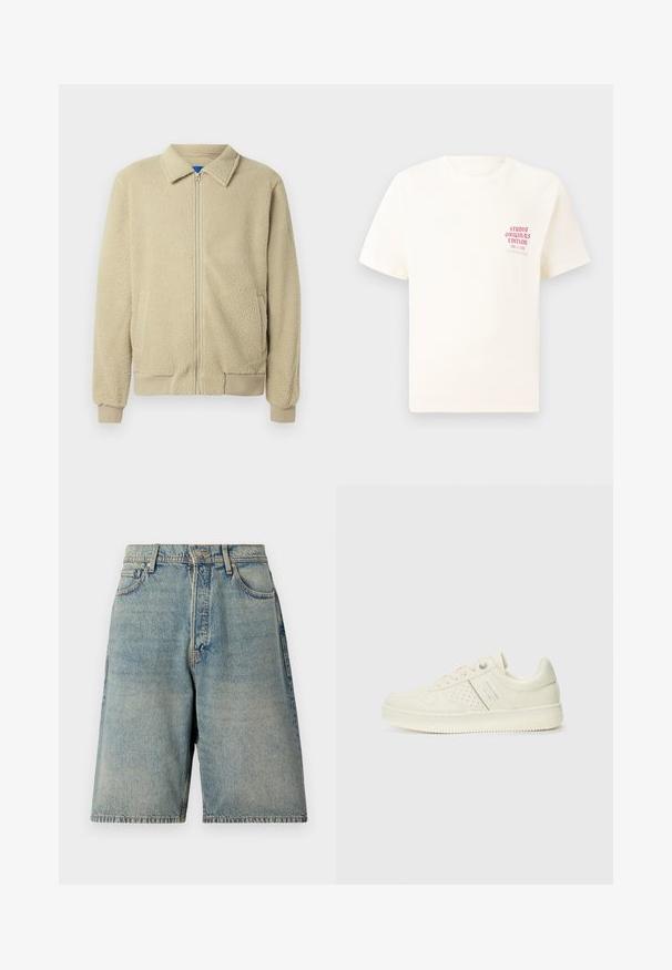 Bēša fleeces jaka ar rāvējslēdzēja priekšpusi, stāvu apkakli, divām sānu kabatām, ribām apstrādātām aprocēm un apakšu. Faktūra izskatās mīksta un patīkama.; Balts īsām piedurknēm T-krekls ar sarkanu tekstu "Studio Originals Edition" uz kreisā krūšu, pakārtots neitrālā pelēkā fonā.; Gai zila džinsu šorti ar brīvu piegriezumu, pieci kabatas, priekšējā pogu aizdare un nevienmērīgs apakšmala.; Krēmbaltie sporta apavi ar perforētu detaļām, auklām un logotipu sānos, attēloti uz vienkārša baltā fona.