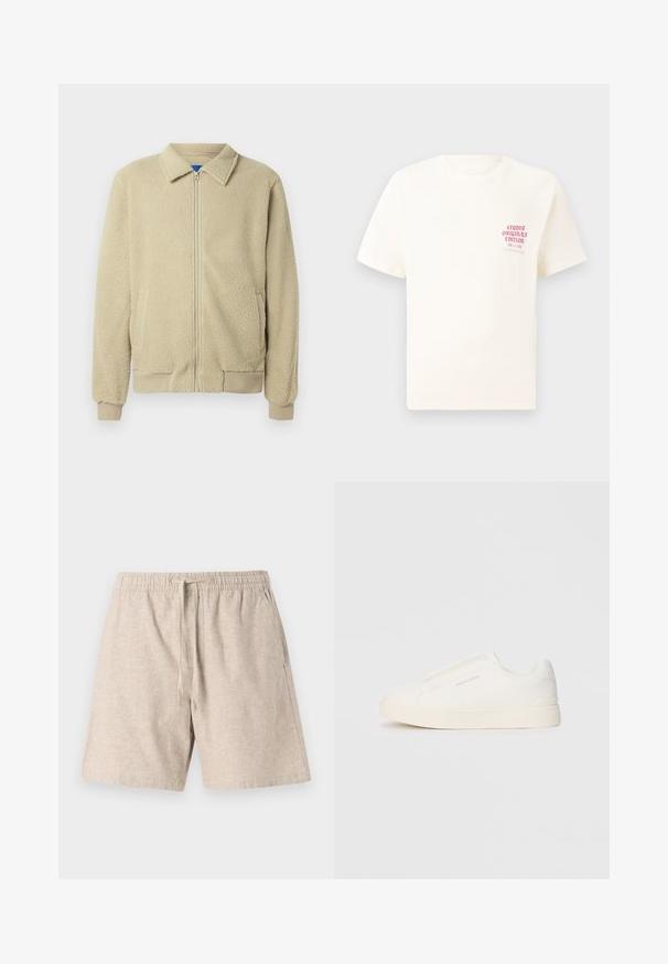 Beige Fleecejacke mit durchgehendem Reißverschluss, Stehkragen, zwei Seitentaschen, gerippten Bündchen und Saum. Die Textur wirkt weich und gemütlich.; Weißes T-Shirt mit kurzen Ärmeln und rotem Text "Studio Originals Edition" auf der linken Brust, präsentiert vor einem neutralen grauen Hintergrund.; Beige Leinenshorts mit elastischem Bund, Kordelzug, Seitentaschen und einem strukturierten Stoff. Lässiges Design, knielanger Schnitt.; Weiße Slip-On-Sneaker mit einer strukturierten Oberfläche, dicker Sohle und minimalistischem Design. Mit Logo der Marke an der Seite.