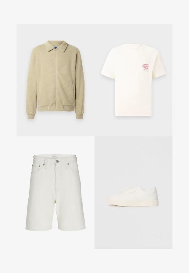 Smėlio spalvos flisinė striukė su priekiu užtrauktuku, stovinčiu apykakle, dviem šoninėmis kišenėmis, ribinėmis rankogaliais ir apatine briauna. Tekstūra atrodo minkšta ir jauki.; Balta trumpa rankovėmis marškinėliai su raudonu užrašu "Studio Originals Edition" kairiajame krūtinės šone, rodomi neutralioje pilkoje aplinkoje.; Balti džinsiniai šortai su tiesiu kirpimu, su užtrauktuku, penkiomis kišenėmis ir metaliniais aksesuarais uždarymui bei dekorui.; Baltos slip-on sportbačiai su tekstūruota paviršiumi, storesniu padu ir minimalistišku dizainu. Šone matosi prekės ženklo logotipas.