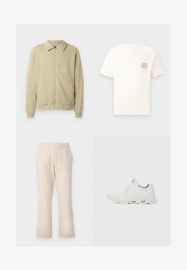 Giacca in pile beige con zip frontale, collo alto, due tasche laterali, polsini e orlo a costine. La texture appare morbida e accogliente.; T-shirt bianco a maniche corte con testo rosso "Studio Originals Edition" sul lato sinistro del petto, esposto su uno sfondo grigio neutro.; Pantaloni beige a zampa d'elefante con vita elasticizzata, due tasche frontali e una texture in cotone liscia. Nessun motivo o accessorio visibile.; Scarpe atletiche bianche con tomaia in maglia testurizzata, lacci piatti e una suola ammortizzata con camere d'aria visibili per un supporto aggiuntivo.