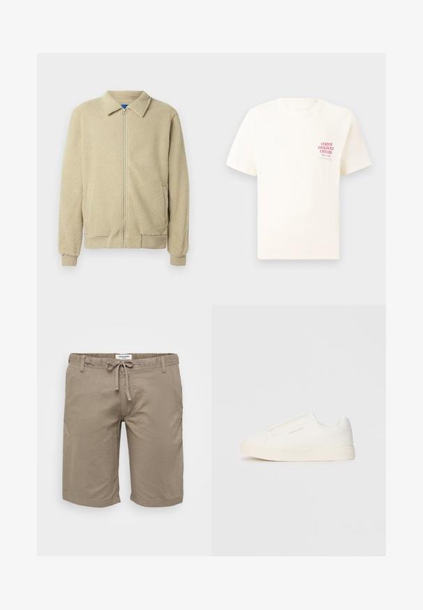 Beige polárdzseki cipzárral az elején, álló gallérral, két oldalzsebbel, bordázott mandzsettával és szegéllyel. Az anyag puha és kényelmes tapintású.; Fehér, rövid ujjú póló, bal mellen piros szöveggel "Studio Originals Edition", semleges szürke háttér előtt.; Bézs színű pamut rövidnadrág elasztikus derékrésszel és zsinórral, oldalzsebekkel és egyenes szabással. Simaságával és minimalista dizájnjával kiemelkedik.; Fehér slip-on sportcipők texturált felülettel, vastag talppal és minimalista dizájnnal. Az oldalon a márka logója található.