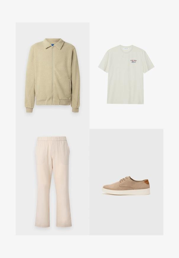 Veste en polaire beige avec fermeture éclair frontale, col montant, deux poches latérales, poignets et ourlet côtelés. La texture semble douce et confortable.; T-shirt en coton crème clair avec des manches courtes. Présente un petit graphisme bleu et rouge d'un marlin avec le texte "MARLIN TROPHY".; Pantalons évasés beiges avec une taille élastique, deux poches avant et une texture en coton lisse. Pas de motifs ou de matériel visibles.; Baskets en daim beige avec un embout arrondi, un laçage sur le devant et un accent texturé à l'arrière. La semelle en caoutchouc blanche offre un contraste. Design simple et moderne.