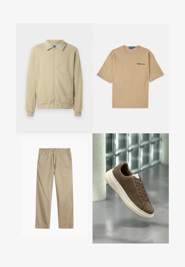Beige polárdzseki cipzárral az elején, álló gallérral, két oldalzsebbel, bordázott mandzsettával és szegéllyel. Az anyag puha és kényelmes tapintású.; Beige pamut póló rövid ujjakkal, kerek nyakkivágással és egy kis fekete logóval a bal mellkas területen. Puha textúra.; Beige egyenes szárú chino nadrág övhurkokkal, elülső gombos és cipzáras záródással, valamint ferde elülső zsebekkel.; Barna nubuk sportcipő krémszínű gumitalppal, lapos fűzőkkel és logóval az oldalon. Könnyű kialakítás és sima textúra.