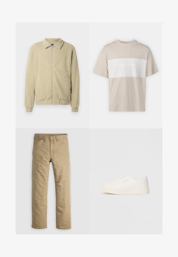 Bēša fleeces jaka ar rāvējslēdzēja priekšpusi, stāvu apkakli, divām sānu kabatām, ribām apstrādātām aprocēm un apakšu. Faktūra izskatās mīksta un patīkama.; Bēšas kokvilnas t-krekls ar baltu horizontālu paneļu, kurā ir uzraksts "JACK & JONES ESSENTIALS WORLDWIDE" reljefā drukā. Īsas piedurknes.; Kakijas krāsas kokvilnas bikses ar taisnu kāju dizainu, priekšējām kabatām un pogu aizdari. Gluda tekstūra un pastiprinātas šuves ilgmūžībai.; Baltas slip-on sporta apavi ar teksturētu virsmu, biezu zoli un minimālistisku dizainu. Sānos redzams zīmola logotips.