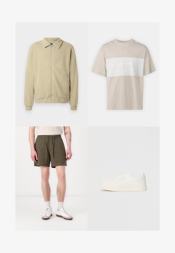 Beige fleecejakke med lynlås foran, stående krave, to sidelommer, ribstrikkede manchetter og kant. Teksturen ser blød og hyggelig ud.; Beige bomulds-t-shirt med en hvid vandret panel med teksten "JACK & JONES ESSENTIALS WORLDWIDE" i præget skrift. Korte ærmer.; Olivengrønne shorts med elastisk talje og snore, der har sidelommer og lige snit, lavet af et letvægtsstof.; Hvide slip-on sneakers med en struktureret overflade, en tyk sål og et minimalistisk design. Har brandlogoet på siden.