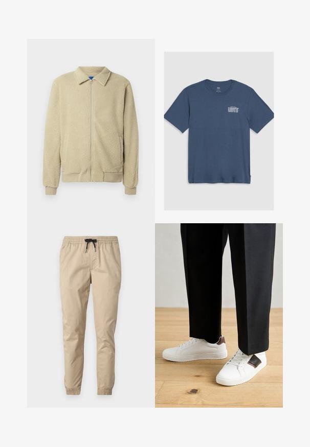 Beige fleecejack met een ritssluiting aan de voorkant, opstaande kraag, twee zijzakken, geribbelde manchetten en zoom. De textuur oogt zacht en gezellig.; Blauwe katoenen t-shirt met een ronde hals en korte mouwen. Een wit "Levi's" logo is gedrukt op het linker borstgedeelte. Eenvoudig ontwerp.; Beige lichtebroek met een elastische tailleband en trekkoord, met taps toelopende pijpen en elastische boorden. Gladde, gestructureerde stof.; Witte sneakers met een gladde textuur, voorzien van bruine lederen accenten en zwarte details, gecombineerd met zwarte maatpakken. Achtergrond van houten vloeren.