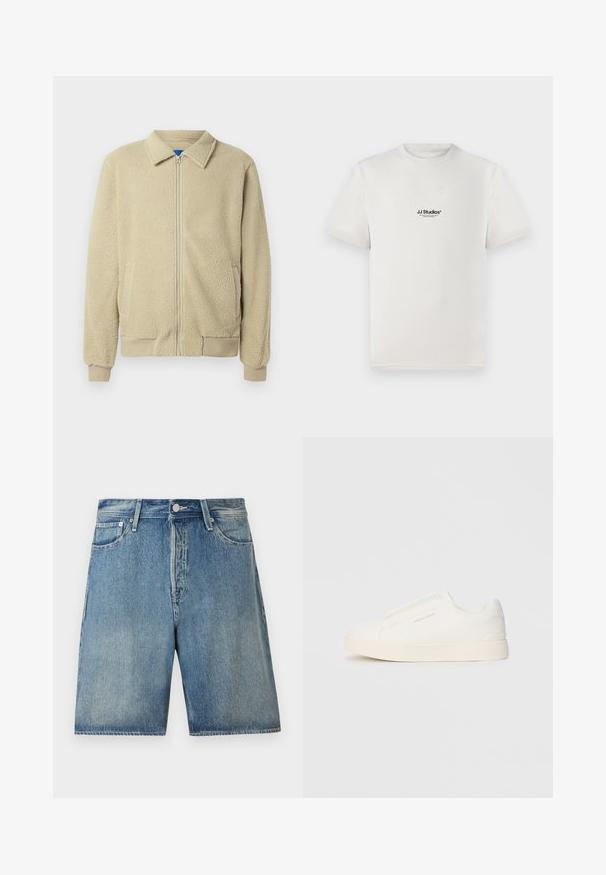 Bež flis jakna z zadrgo spredaj, stoječim ovratnikom, dvema stranskima žepoma, rebrastimi manšetami in robom. Tekstura je videti mehka in udobna.; Bela bombažna majica s kratkimi rokavi, ki na prsih nosi črni logotip "JJ Studios". Ima krožni ovratnik in standardno prileganje.; Denim kratke hlače v svetlo modri barvi, ki vključujejo klasičen pet žepkov, z gumbom za zapiranje, ravno krojem in rahlo obrabljenim videzom.; Bele zapete brez vezalk z teksturirano površino, debelim podplatom in minimalističnim dizajnom. Na strani se nahaja logotip blagovne znamke.