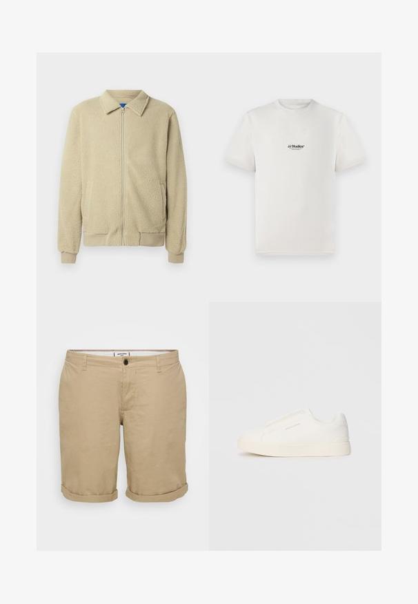 Casaco de pelo bege com fecho de correr frontal, gola alta, dois bolsos laterais, punhos e barra canelados. A textura parece macia e confortável.; T-shirt de algodão branca com mangas curtas, apresentando um logótipo preto "JJ Studios" no peito. Design de gola redonda e ajuste padrão.; Calções de cor caqui claros com um corte reto, feitos de algodão. Apresentam um único botão frontal, bolsos laterais e bainhas dobradas.; Sapatilhas brancas de atacar com uma superfície texturizada, sola grossa e design minimalista. Possui o logo da marca na lateral.