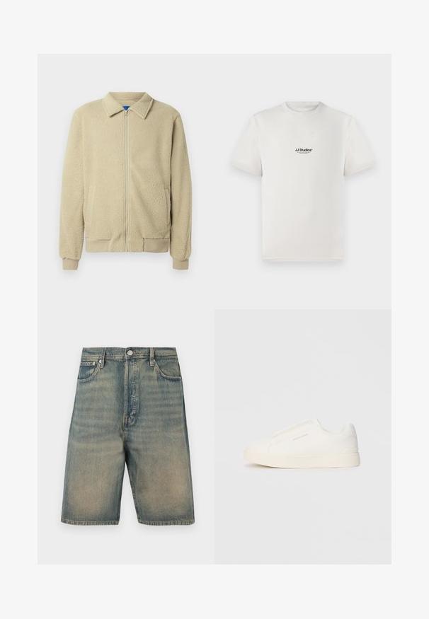 Casaco de pelo bege com fecho de correr frontal, gola alta, dois bolsos laterais, punhos e barra canelados. A textura parece macia e confortável.; T-shirt de algodão branca com mangas curtas, apresentando um logótipo preto "JJ Studios" no peito. Design de gola redonda e ajuste padrão.; Calções de ganga, de cor azul desbotada, com um design de cintura alta, estilo de cinco bolsos, com ferragens metálicas e costuras visíveis.; Sapatilhas brancas de atacar com uma superfície texturizada, sola grossa e design minimalista. Possui o logo da marca na lateral.