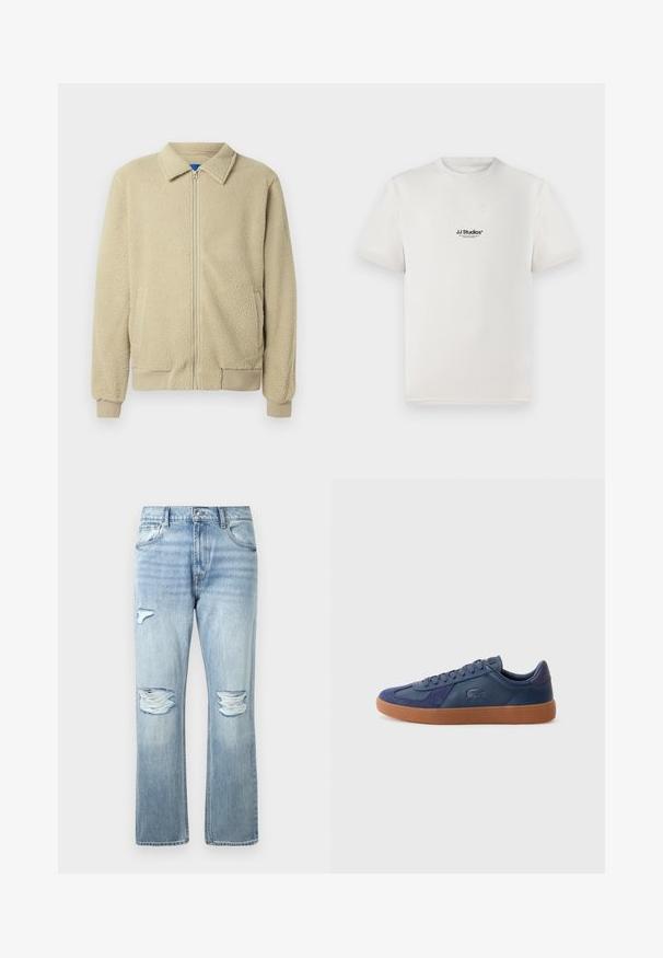 Smėlio spalvos flisinė striukė su priekiu užtrauktuku, stovinčiu apykakle, dviem šoninėmis kišenėmis, ribinėmis rankogaliais ir apatine briauna. Tekstūra atrodo minkšta ir jauki.; Balta medvilnė marškinėliai su trumpomis rankovėmis, kuriuose yra juodas "JJ Studios" logotipas krūtinėje. Apvalus kaklas ir standartinės fasono dizainas.; Šviesiai mėlynos džinsinės kelnės su suplėšytais plyšiais ant abiejų kelių ir mažo plyšio ant kairiojo šlaunies viršaus, klasikinis penkių kišenių stilius.; Tamsiai mėlyni sportiniai bateliai su odos ir velveto medžiagomis, guminėmis padangomis, apvaliu pirštu ir raištelių uždarymu, su prekės ženklu ant šono.