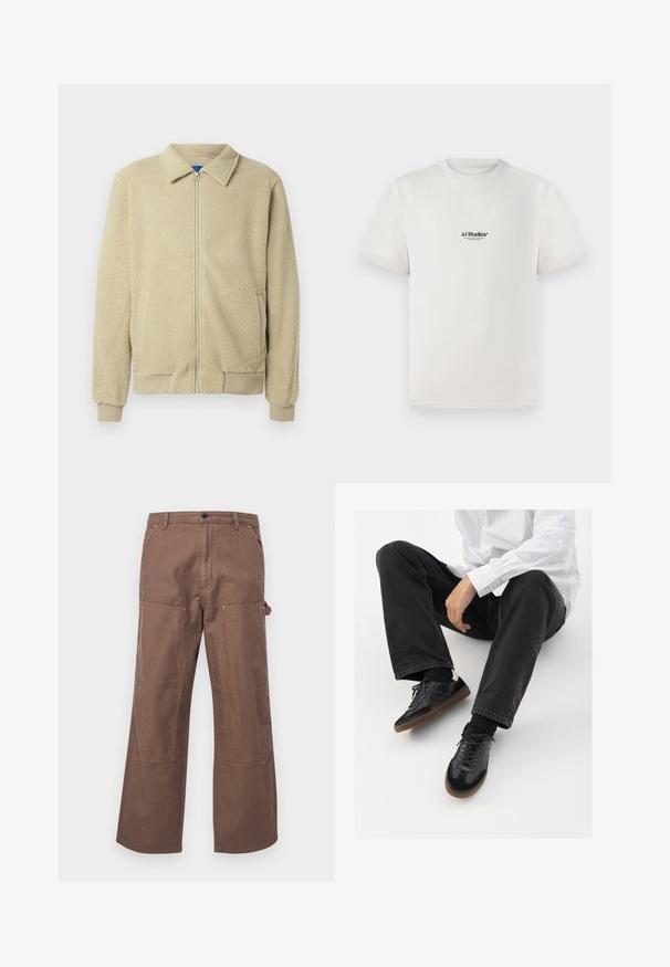 Béžová fleecová bunda se zipem vpředu, stojáčkovým límcem, dvěma bočními kapsami, žebrovanými lemy na rukávech a spodním okraji. Textura působí měkce a příjemně.; Bílý bavlněný tričko s krátkými rukávy, s černým logem "JJ Studios" na hrudi. Klasický kulatý výstřih a standardní střih.; Hnědé bavlněné cargo kalhoty s uvolněným střihem, bočními kapsami a velkými zesílenými plochami na kolenou pro zvýšenou odolnost a styl.; Černé tenisky se hladkým a texturovaným svrškem, s kaučukovou podešví a tmavými šňůrkami. Skombinované s černými džínami a bílou proužkovanou košilí.