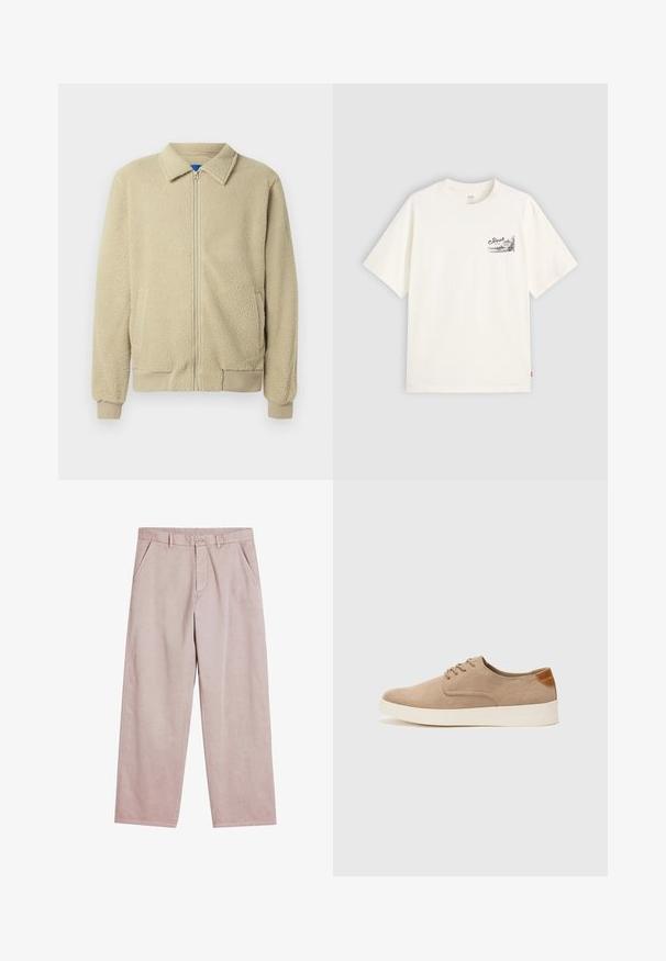 Chaqueta de forro polar beige con cremallera frontal, cuello alto, dos bolsillos laterales, puños y dobladillo acanalados. La textura parece suave y acogedora.; Camiseta blanca de manga corta hecha de algodón, con un diseño gráfico negro en la zona del pecho izquierdo que dice "Fresh."; Pantalones de pierna ancha en rosa claro, confeccionados en una tela suave, con bolsillos frontales y cierre de botón, adornados con sutiles detalles de costura.; Zapatillas de ante beige con puntera redondeada, cordones en la parte delantera y un acento texturizado en la parte trasera. La suela de goma blanca proporciona contraste. Diseño sencillo y moderno.