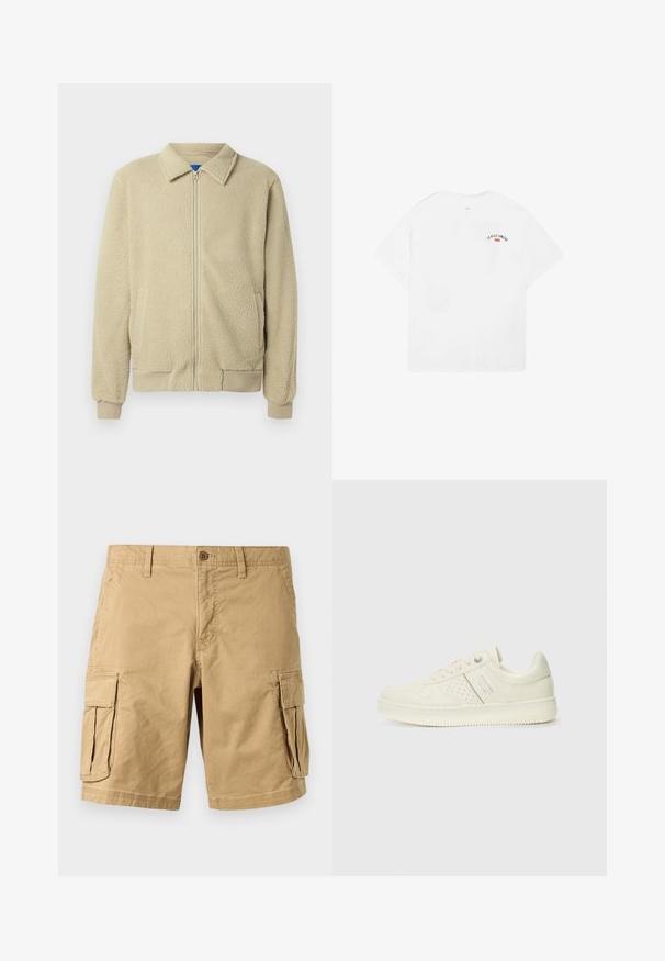 Beige fleece jacket with a zip front, stand collar, two side pockets, ribbed cuffs, and hem. The texture appears soft and cozy.; White cotton t-shirt with short sleeves, round neckline, and a small graphic reading “LA VILLE LUMIÈRE” in black and red on the upper back.; Beige cargo shorts made of lightweight cotton, featuring two large side pockets, a button closure, and belt loops. Smooth texture.; Cream-colored sneaker with perforated detailing, laces, and logo on the side, displayed against a plain white background.