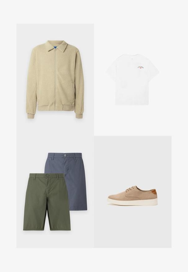 Beige fleece jacket with a zip front, stand collar, two side pockets, ribbed cuffs, and hem. The texture appears soft and cozy.; White cotton t-shirt with short sleeves, round neckline, and a small graphic reading “LA VILLE LUMIÈRE” in black and red on the upper back.; Two pairs of shorts: one olive green, one navy blue. Both feature a button closure, straight cut, and smooth fabric with a slight sheen.; Beige suede sneakers with a rounded toe, lace-up front, and a textured back accent. White rubber sole provides contrast. Simple and modern design.