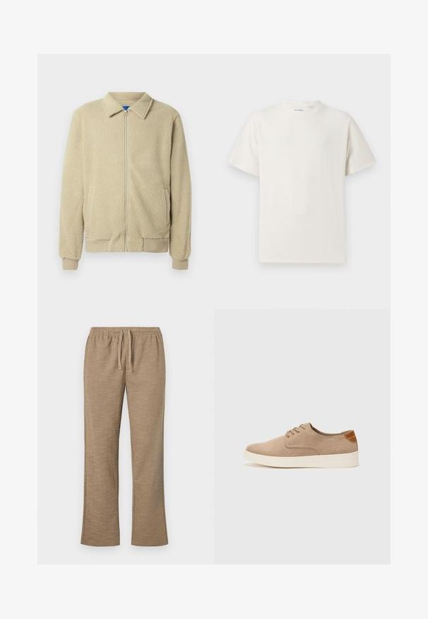 Veste en polaire beige avec fermeture éclair frontale, col montant, deux poches latérales, poignets et ourlet côtelés. La texture semble douce et confortable.; T-shirt blanc à manches courtes en texture côtelée. Encolure ronde, coupe décontractée, sans motifs ni accents visibles. Design simple et polyvalent.; Pantalons beiges avec un motif texturé, dotés d'une taille élastique avec cordon de serrage. Conception à jambes droites avec un léger bas évasé.; Baskets en daim beige avec un embout arrondi, un laçage sur le devant et un accent texturé à l'arrière. La semelle en caoutchouc blanche offre un contraste. Design simple et moderne.