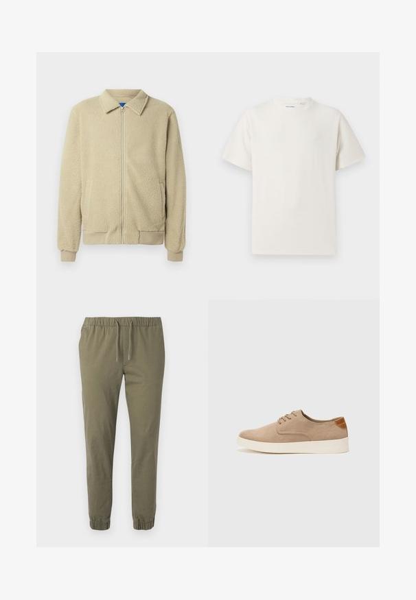 Giacca in pile beige con zip frontale, collo alto, due tasche laterali, polsini e orlo a costine. La texture appare morbida e accogliente.; T-shirt bianca a maniche corte in texture a coste. Girocollo, vestibilità rilassata, senza modelli o accenti visibili. Design semplice e versatile.; Pantaloni a sigaretta verde oliva con vita elastica e cordoncino regolabile. Presentano polsini elastici e un tessuto liscio e leggero.; Sneaker in suede beige con punta arrotondata, stringhe davanti e un accento testurizzato sul retro. La suola in gomma bianca offre un contrasto. Design semplice e moderno.