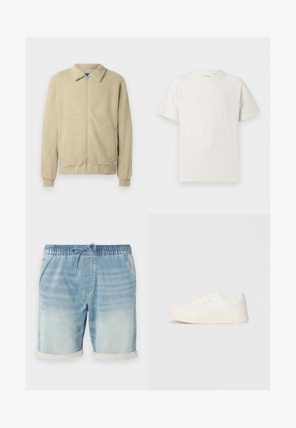 Smėlio spalvos flisinė striukė su priekiu užtrauktuku, stovinčiu apykakle, dviem šoninėmis kišenėmis, ribinėmis rankogaliais ir apatine briauna. Tekstūra atrodo minkšta ir jauki.; Balta trumpa rankovė T-polo marškinėlių su juostelėmis tekstūra. Apvalus iškirpimas, laisvas fasonas, jokių matomų raštų ar akcentų. Paprastas ir universalus dizainas.; Šviesiai mėlynos džinsinės šortai su elastingu juosmuo, raišteliais, šoniniais kišenėmis ir apvadu. Glotni tekstūra.; Baltos slip-on sportbačiai su tekstūruota paviršiumi, storesniu padu ir minimalistišku dizainu. Šone matosi prekės ženklo logotipas.