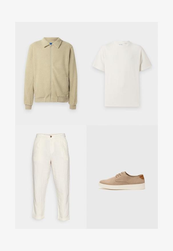Beige fleecejack met een ritssluiting aan de voorkant, opstaande kraag, twee zijzakken, geribbelde manchetten en zoom. De textuur oogt zacht en gezellig.; Witte korte mouwen T-shirt met ribbelstructuur. Ronde hals, ontspannen pasvorm, geen zichtbare patronen of accenten. Eenvoudig en veelzijdig ontwerp.; Linnen broek in off-white met een hoge taille, voorzien van plooien, een sluiting met knopen aan de voorkant en opgerolde manchetten. Zachte textuur.; Beige suède sneakers met een ronde neus, vetersluiting aan de voorkant en een getextureerde achteraccent. De witte rubberen zool zorgt voor contrast. Eenvoudig en modern ontwerp.