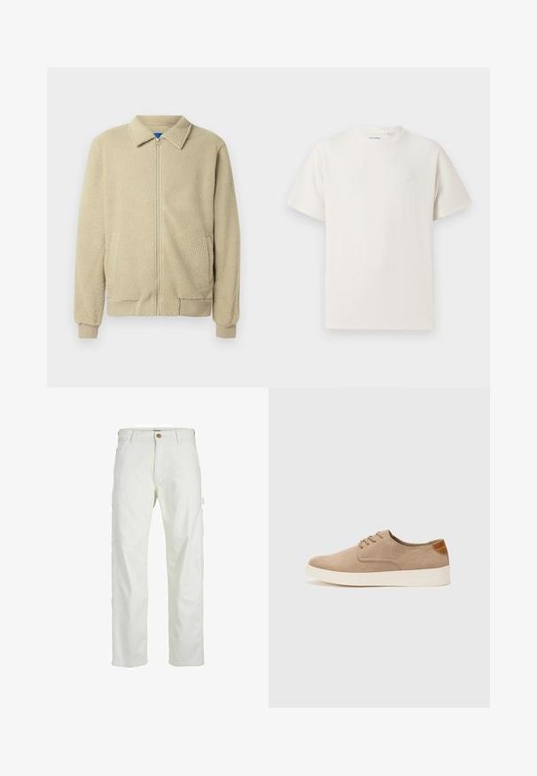 Giacca in pile beige con zip frontale, collo alto, due tasche laterali, polsini e orlo a costine. La texture appare morbida e accogliente.; T-shirt bianca a maniche corte in texture a coste. Girocollo, vestibilità rilassata, senza modelli o accenti visibili. Design semplice e versatile.; Pantaloni cargo bianchi con vestibilità rilassata, chiusura frontale con bottone e molteplici tasche laterali, realizzati in materiale di cotone resistente.; Sneaker in suede beige con punta arrotondata, stringhe davanti e un accento testurizzato sul retro. La suola in gomma bianca offre un contrasto. Design semplice e moderno.