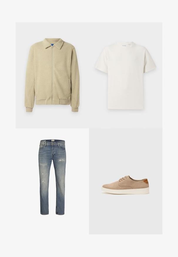 Beige fleecejacka med dragkedja framtill, ståkrage, två sidofickor, ribbade muddar och fåll. Texturen ser mjuk och mysig ut.; Vit t-shirt med kort ärm i ribbad struktur. Rund halsringning, löst sittande passform, inga synliga mönster eller detaljer. Enkelt och mångsidigt design.; Ljusblå denimjeans med rak bendesign, slitningar framtill, och klassisk femficksstil med dragkedja.; Beige mockasinsneakers med rund tå, snörning fram och texturerad bakaxel. Vit gummisula ger kontrast. Enkelt och modernt design.