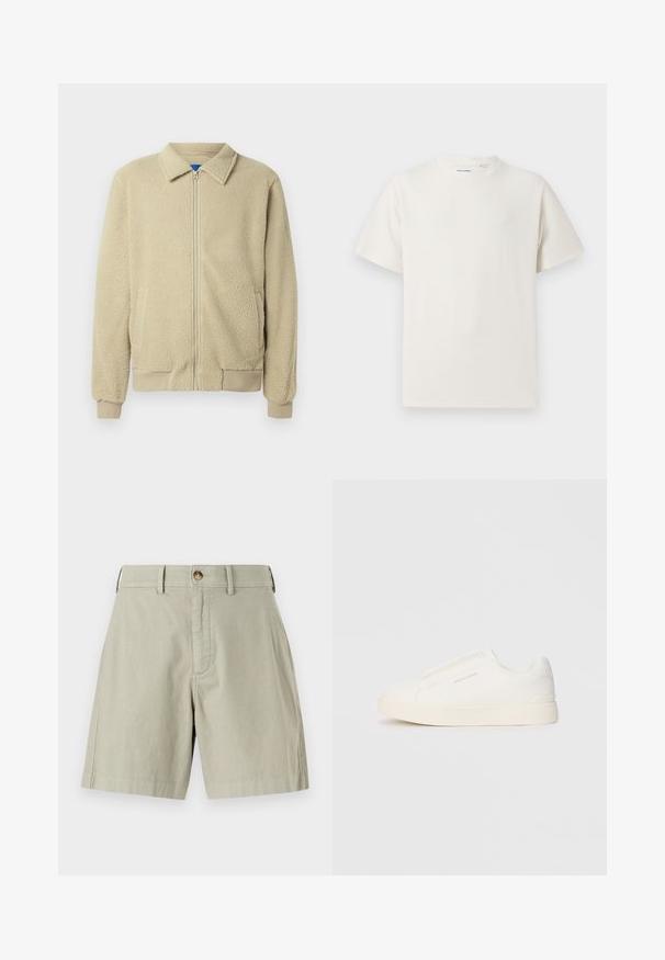 Μπεζ φλις μπουφάν με φερμουάρ μπροστά, όρθιο γιακά, δύο πλαϊνές τσέπες, ριμπ μανσέτες και τελείωμα. Η υφή φαίνεται απαλή και ζεστή.; Λευκή κοντομάνικη μπλούζα με ριγωτή υφή. Στρογγυλή λαιμόκοψη, χαλαρή εφαρμογή, χωρίς ορατά σχέδια ή λεπτομέρειες. Απλός και ευέλικτος σχεδιασμός.; Ανοιχτό μπεζ σορτς με επίπεδο μπροστά μέρος, κλείσιμο με μονή μεταλλική κουμπί και θηλιές ζώνης. Φτιαγμένα από μαλακή βαμβακερή σύνθεση με κομψή εφαρμογή.; Λευκά slip-on παπούτσια με υφή, παχύ πάτο και μινιμαλιστικό σχέδιο. Φέρει το λογότυπο της μάρκας στο πλάι.