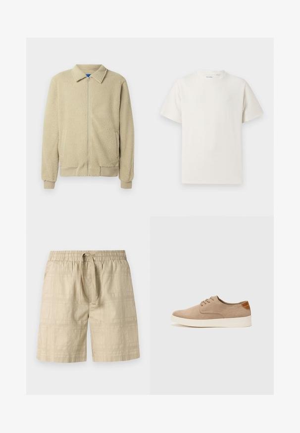 Veste en polaire beige avec fermeture éclair frontale, col montant, deux poches latérales, poignets et ourlet côtelés. La texture semble douce et confortable.; T-shirt blanc à manches courtes en texture côtelée. Encolure ronde, coupe décontractée, sans motifs ni accents visibles. Design simple et polyvalent.; Shorts beiges en tissu léger avec taille élastique et cordon de serrage, arborant un motif de grille subtil et une coupe droite.; Baskets en daim beige avec un embout arrondi, un laçage sur le devant et un accent texturé à l'arrière. La semelle en caoutchouc blanche offre un contraste. Design simple et moderne.