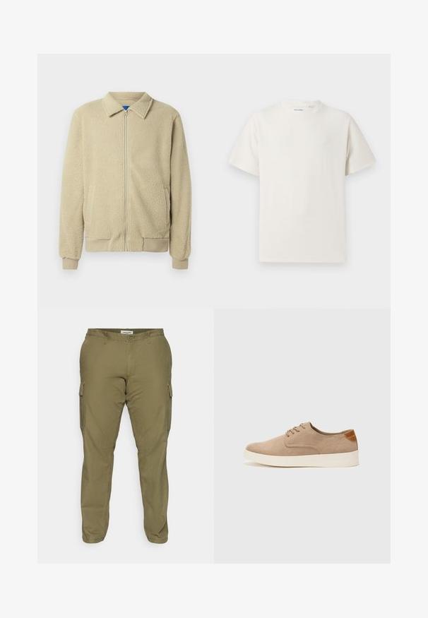 Beige fleece jacket with a zip front, stand collar, two side pockets, ribbed cuffs, and hem. The texture appears soft and cozy.; White short-sleeve T-shirt in a ribbed texture. Round neckline, relaxed fit, no visible patterns or accents. Simple and versatile design.; Olive green cargo pants made of cotton blend fabric, featuring side pockets, belt loops, and a straight leg design. Smooth texture.; Beige suede sneakers with a rounded toe, lace-up front, and a textured back accent. White rubber sole provides contrast. Simple and modern design.