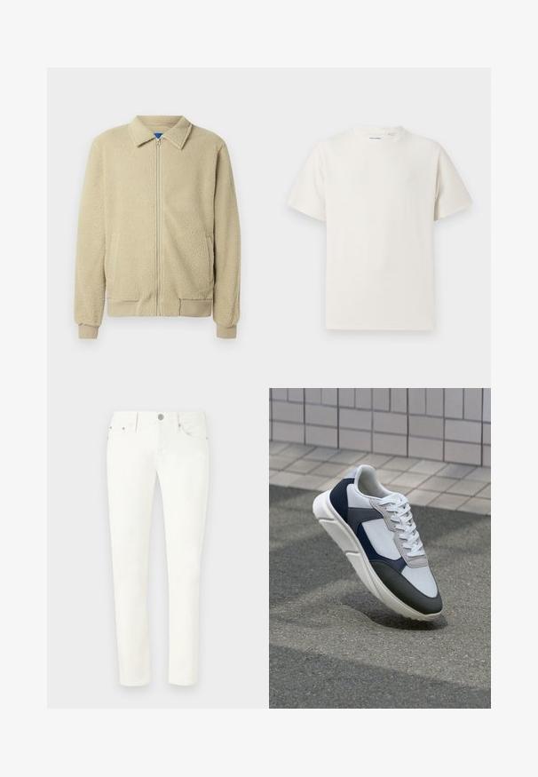 Beige fleecejakke med glidelås foran, ståkrage, to sidelommer, ribbekanter på ermer og nederst. Teksturen virker myk og koselig.; Hvit T-skjorte med kort erm i ribbestrikket tekstur. Rund hals, avslappet passform, ingen synlige mønstre eller detaljer. Enkelt og allsidig design.; Hvite denimbukser med slim fit. Funksjoner inkluderer fem lommer, frontlukking med knapp, og metallbeslag. Jevn tekstur.; Hvitt, marineblått og grått sportsko med en blandet materialdesign, som har en teksturert overdel, flate snørebånd og en polstret såle.
