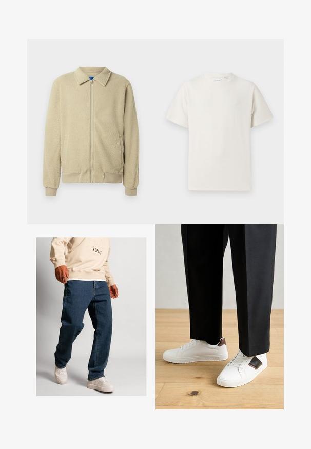 Smėlio spalvos flisinė striukė su priekiu užtrauktuku, stovinčiu apykakle, dviem šoninėmis kišenėmis, ribinėmis rankogaliais ir apatine briauna. Tekstūra atrodo minkšta ir jauki.; Balta trumpa rankovė T-polo marškinėlių su juostelėmis tekstūra. Apvalus iškirpimas, laisvas fasonas, jokių matomų raštų ar akcentų. Paprastas ir universalus dizainas.; Mėlynos džinsinės kelnės laisvu kirpimu, su įprasta užtrauktuku ir kontrastingomis siūlėmis, derinamos su kreminės baltumo sportiniais bateliais ir šviesiai smėlio spalvos džemperiu.; Balti sportbačiai su glotnia danga, puošti rudais odiniais akcentais ir juodais detalėmis, derinami su juodais pritaikytais kelnėmis. Medinių grindų fonas.