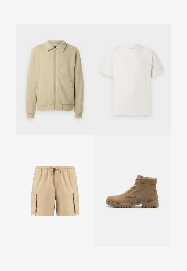 Bež flis jakna sa patentnim zatvaračem sprijeda, uspravnim ovratnikom, dva bočna džepa, rebrastim manšetama i rubom. Tekstura izgleda mekano i udobno.; Bijela kratka majica s kratkim rukavima u rebrastoj teksturi. Okrugli izrez, ležeran kroj, bez vidljivih uzoraka ili akcenta. Jednostavan i svestran dizajn.; Bež kratke hlače s elastičnim pojasom, vezicom i dva bočna džepa, koje imaju glatku teksturu i minimalne detalje šivanja.; Bež nubuk gležnjače s okruglim vrhom, podstavljenim ovratnikom, šest para rupa za vezanje i debelim gumene potplate s rebrastim detaljima.