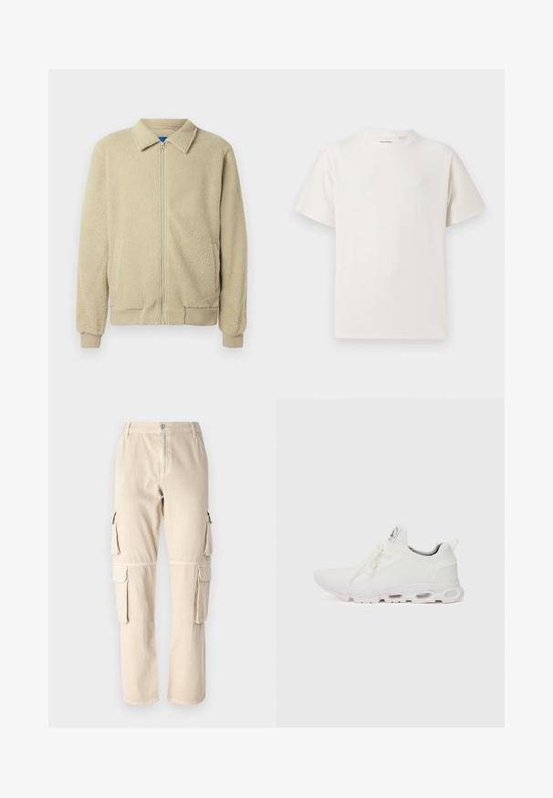 Béžová flísová bunda so zipsom vpredu, stojačikom, dvoma bočnými vreckami, rebrovanými manžetami a lemom. Textúra je mäkká a príjemná na dotyk.; Biela krátka tričko s krátkym rukávom so žebrovanou textúrou. Okrúhly výstrih, uvoľnený strih, žiadne viditeľné vzory ani akcenty. Jednoduchý a všestranný dizajn.; Bežové cargo nohavice vyrobené z bavlny. Majú bočné vrecká, rovný strih a zapínanie na gombík v oblasti pásu. Jednoduché švy.; Biele športové topánky so štruktúrovaným pleteným zvrškom, plochými šnúrkami a odpruženou podrážkou s viditeľnými vzduchovými komorami pre dodatočnú podporu.