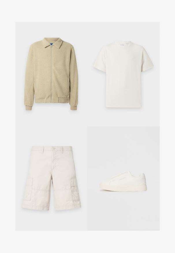 Beige fleece jacket with a zip front, stand collar, two side pockets, ribbed cuffs, and hem. The texture appears soft and cozy.; White short-sleeve T-shirt in a ribbed texture. Round neckline, relaxed fit, no visible patterns or accents. Simple and versatile design.; Beige cargo shorts made from lightweight cotton, featuring two side pockets, a front button closure, and stitch detailing.; White slip-on sneakers with a textured surface, a thick sole, and minimalistic design. Features brand logo on the side.