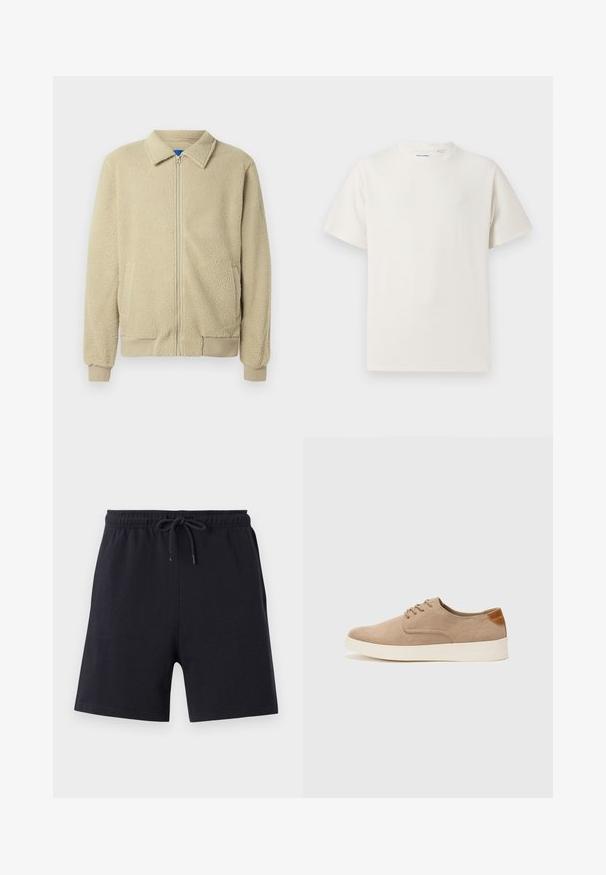 Beige fleecejacka med dragkedja framtill, ståkrage, två sidofickor, ribbade muddar och fåll. Texturen ser mjuk och mysig ut.; Vit t-shirt med kort ärm i ribbad struktur. Rund halsringning, löst sittande passform, inga synliga mönster eller detaljer. Enkelt och mångsidigt design.; Svarta bomullsshorts med elastisk midja och dragsko, med en enkel design och slät textur.; Beige mockasinsneakers med rund tå, snörning fram och texturerad bakaxel. Vit gummisula ger kontrast. Enkelt och modernt design.