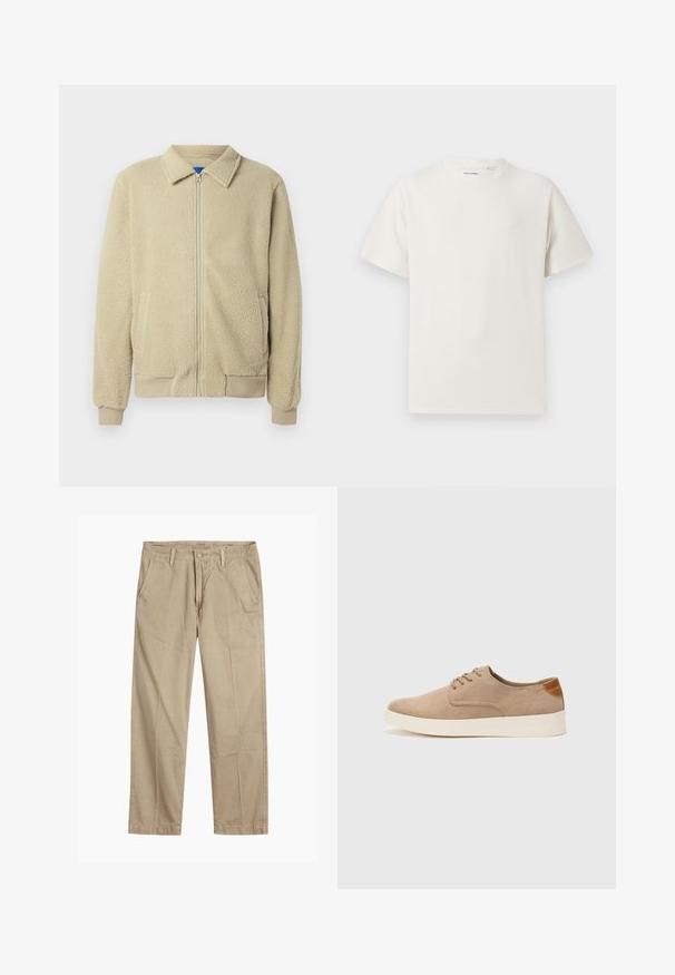Béžová fleecová bunda se zipem vpředu, stojáčkovým límcem, dvěma bočními kapsami, žebrovanými lemy na rukávech a spodním okraji. Textura působí měkce a příjemně.; Bílý krátký rukáv tričko s pružnou strukturou. Kulatý výstřih, volný střih, bez viditelných vzorů nebo detailů. Jednoduchý a univerzální design.; Beige rovné chino kalhoty s poutky na opasek, zapínáním na přední knoflík a zip, a šikmými předními kapsami.; Béžové semišové tenisky s kulatou špičkou, šněrováním vpředu a texturovaným zadním akcentem. Bílá gumová podrážka poskytuje kontrast. Jednoduchý a moderní design.