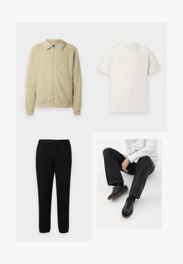 Μπεζ φλις μπουφάν με φερμουάρ μπροστά, όρθιο γιακά, δύο πλαϊνές τσέπες, ριμπ μανσέτες και τελείωμα. Η υφή φαίνεται απαλή και ζεστή.; Λευκή κοντομάνικη μπλούζα με ριγωτή υφή. Στρογγυλή λαιμόκοψη, χαλαρή εφαρμογή, χωρίς ορατά σχέδια ή λεπτομέρειες. Απλός και ευέλικτος σχεδιασμός.; Μαύρες κλασικές φόρμες με ελαστική μέση και μανσέτες στους αστραγάλους, τοποθετημένες σε λευκό φόντο.; Μαύρα αθλητικά παπούτσια με λείο και υφασμάτινο πάνω μέρος, διαθέτοντας καουτσούκ σόλα και σκούρες κορδόνες. Συνδυασμένα με μαύρα τζιν και λευκό πουκάμισο με ρίγες.