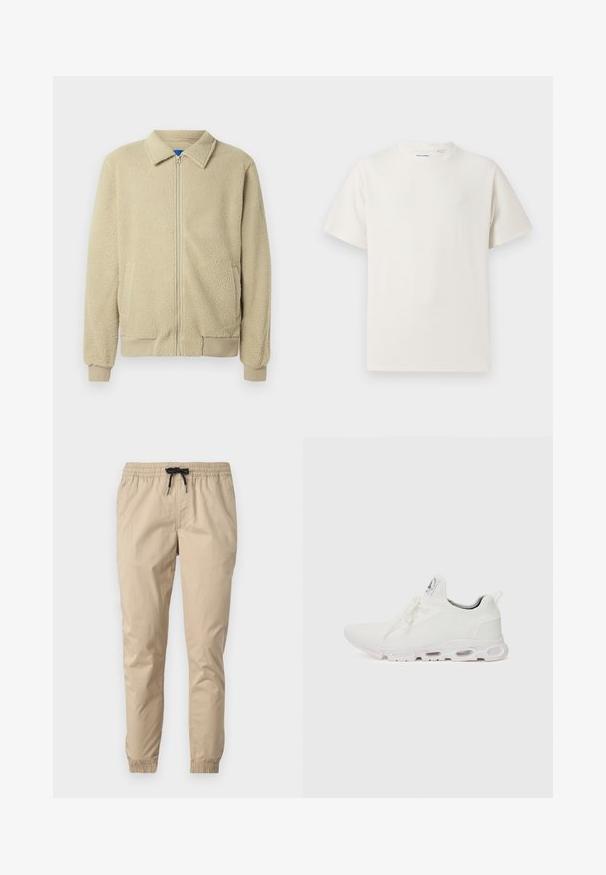 Beige fleece jacket with a zip front, stand collar, two side pockets, ribbed cuffs, and hem. The texture appears soft and cozy.; White short-sleeve T-shirt in a ribbed texture. Round neckline, relaxed fit, no visible patterns or accents. Simple and versatile design.; Beige lightweight trousers with an elastic waistband and drawstring, featuring tapered legs with elastic cuffs. Smooth, textured fabric.; White athletic shoes featuring a textured knit upper, flat laces, and a cushioned sole with visible air chambers for added support.